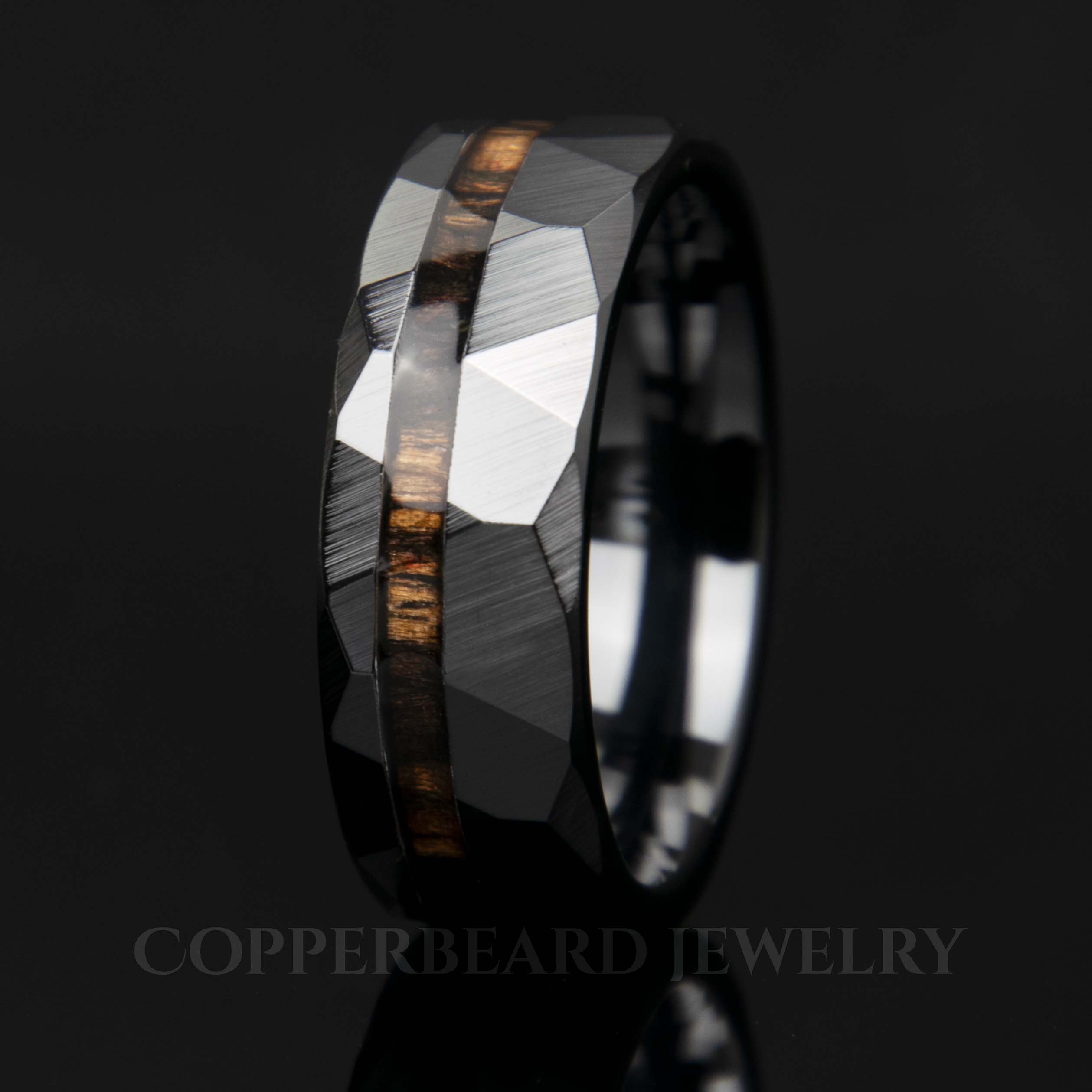 Ebony Wood Hammered Faceted Offset Black Ceramic Ring