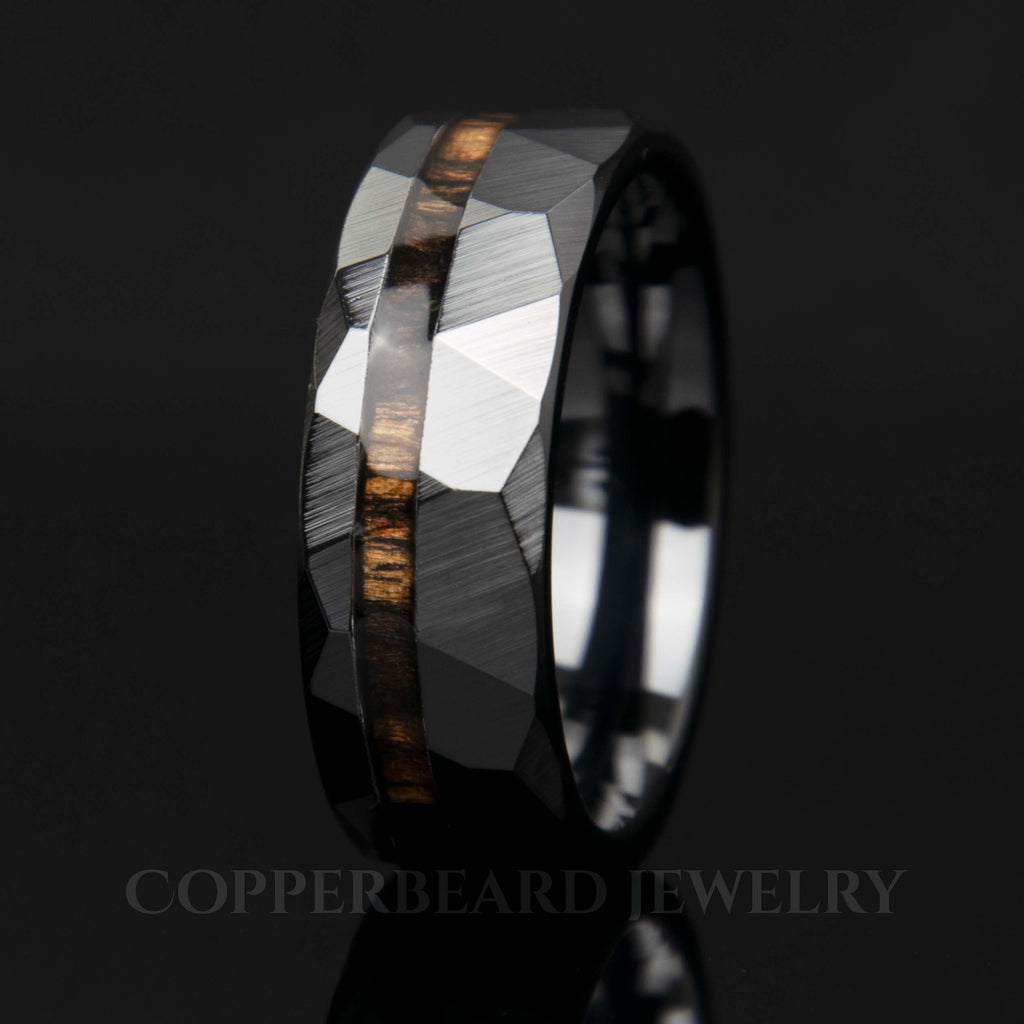Ebony Wood Black Ceramic Faceted Offset Ring - Men's Wedding Band - Copperbeard Jewelry