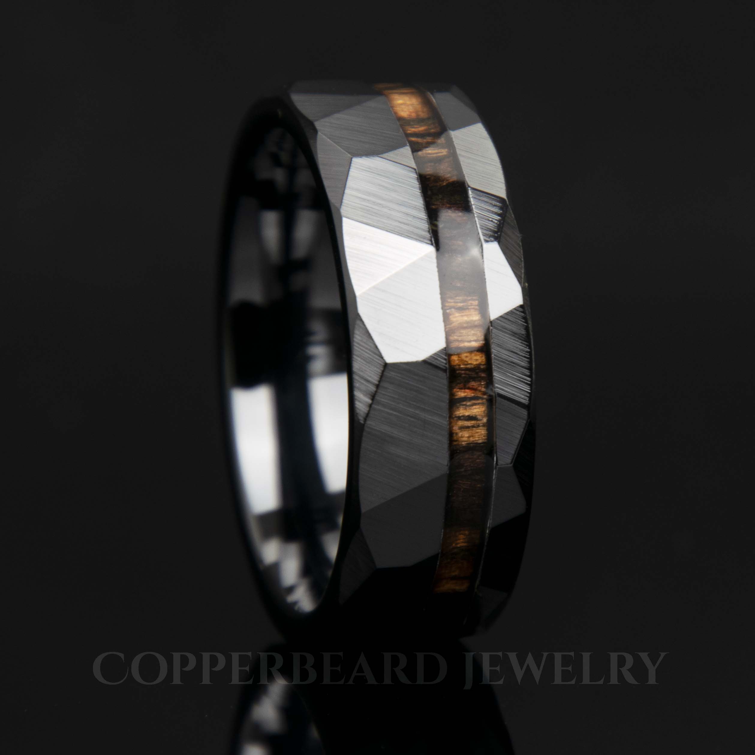 Ebony Wood Hammered Faceted Offset Black Ceramic Ring