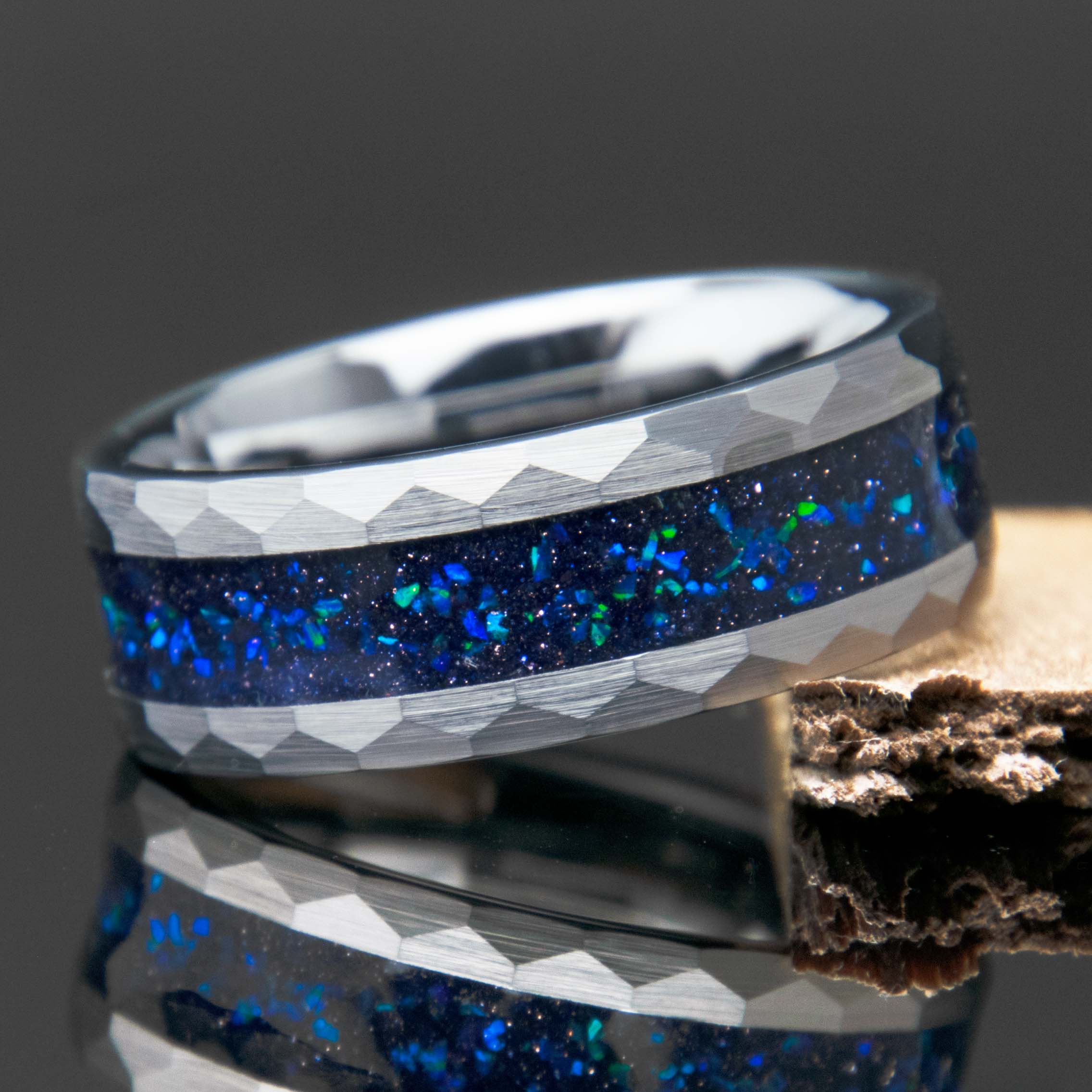 Hammered Tungsten Galaxy Opal And Blue Sandstone Ring - Men's Wedding Band - Copperbeard Jewelry