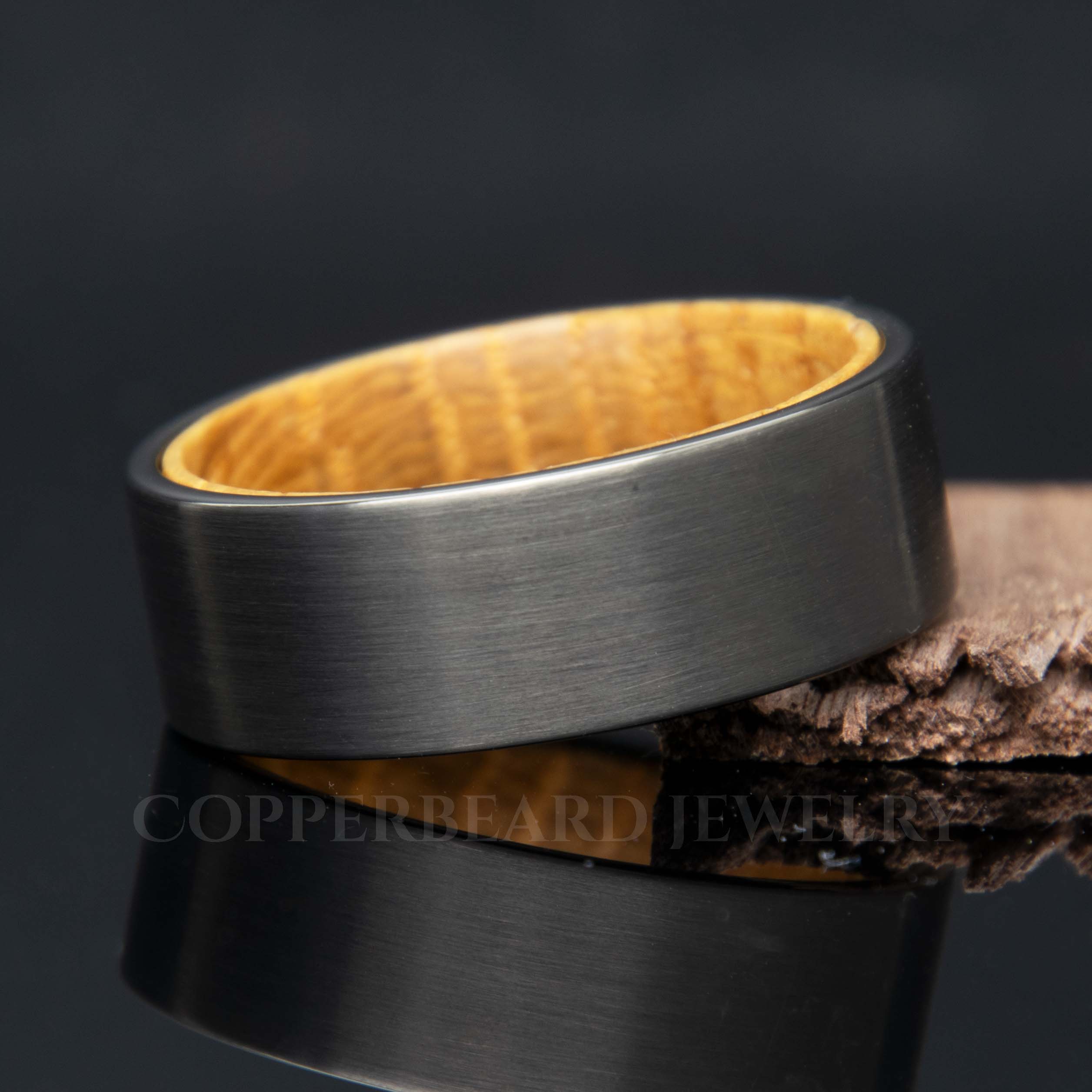 Whiskey Barrel Wood Gray Tungsten Ring Copperbeard Jewelry