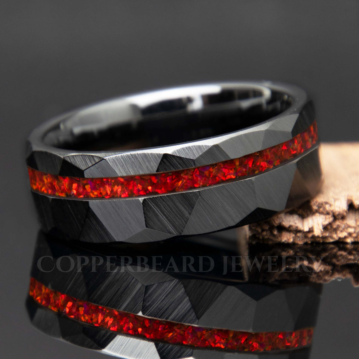 Ruby Red Opal Black Ceramic Faceted Men's Wedding Band - Copperbeard Jewelry Main image