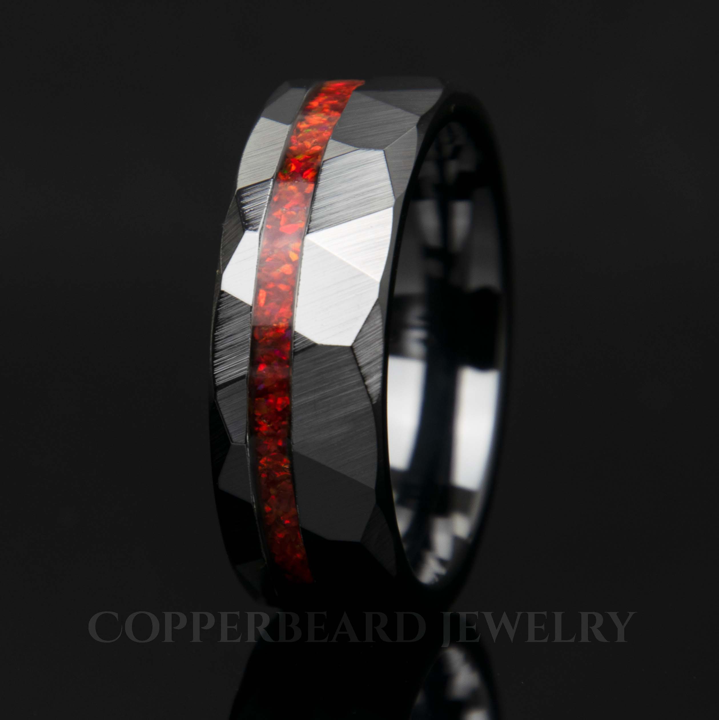 Red Opal Hammered Faceted Offset Black Ceramic Men's Wedding Band Secondary image