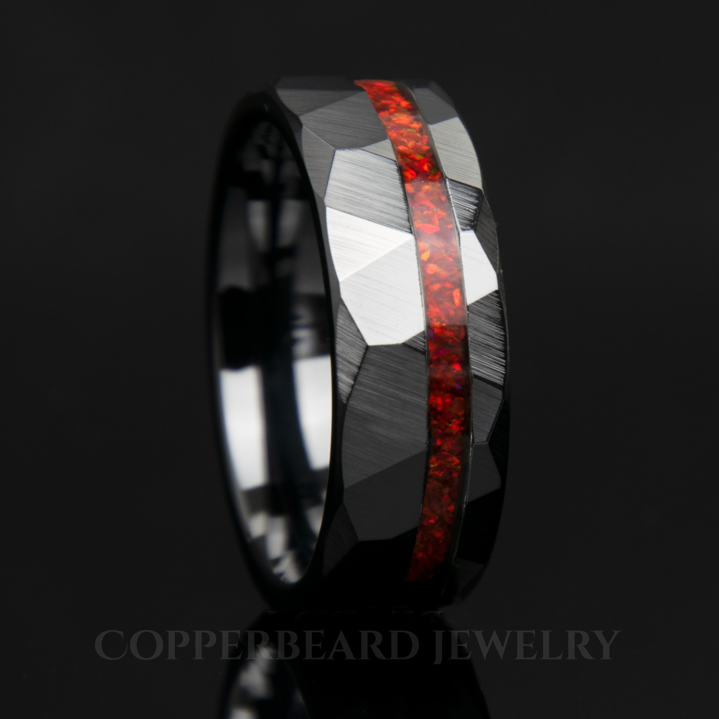 Red Opal Hammered Faceted Offset Black Ceramic Men's Wedding Band