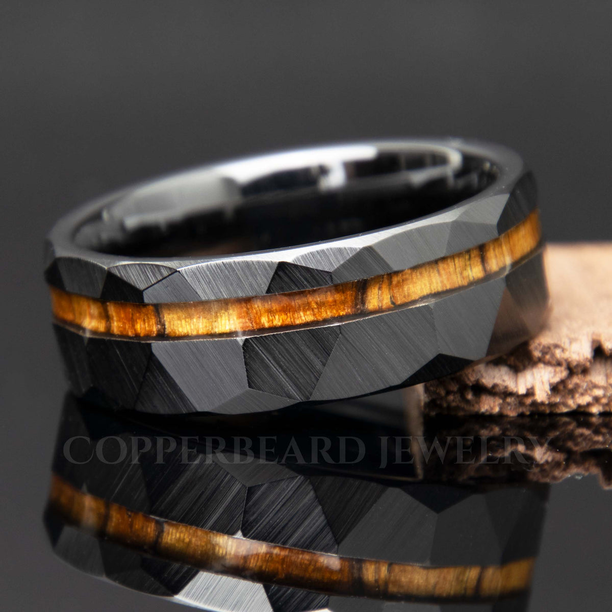 Wenge Wood Hammered Faceted Offset Black Ceramic Ring Copperbeard Jewelry Main image