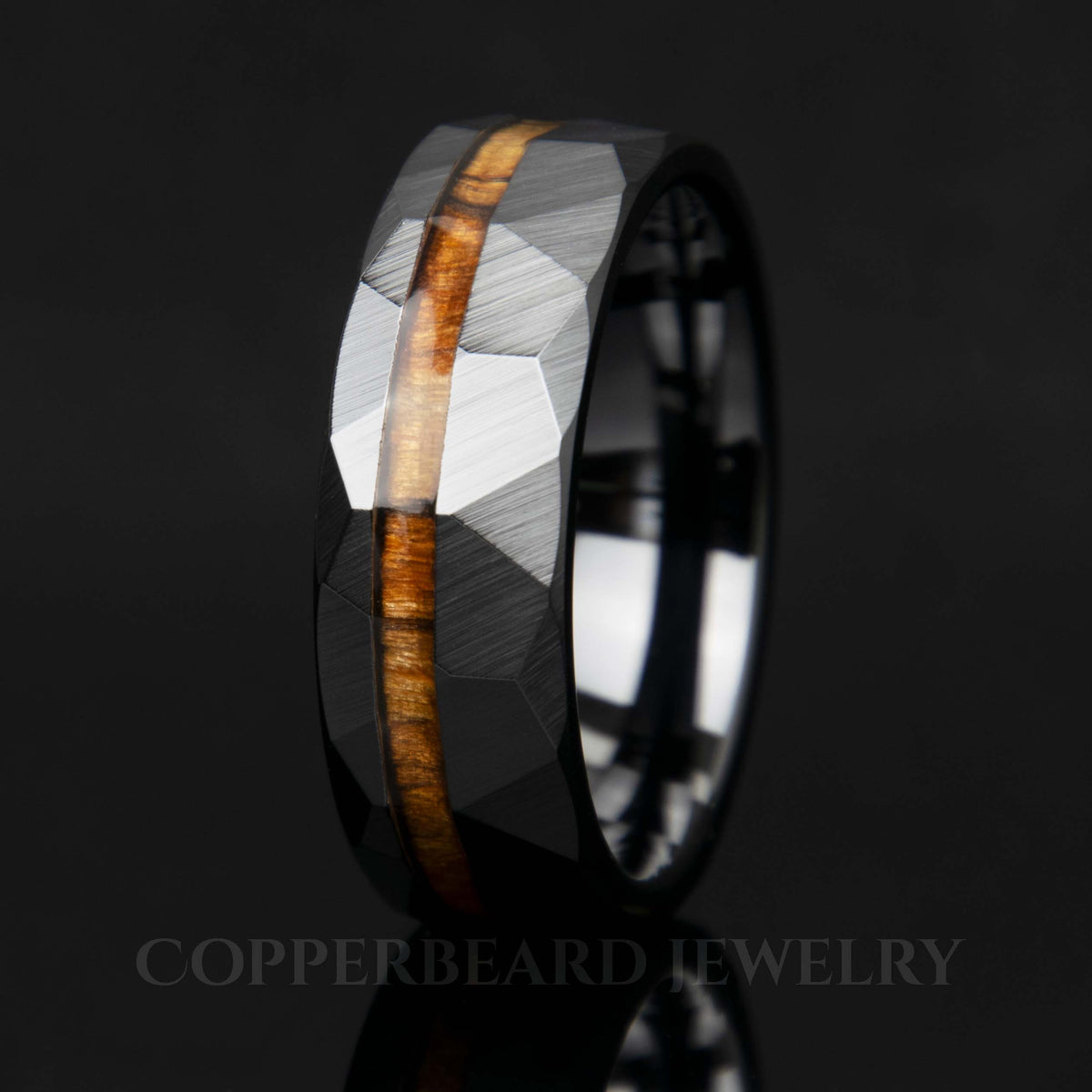 Wenge Wood Hammered Faceted Offset Black Ceramic Ring Copperbeard Jewelry