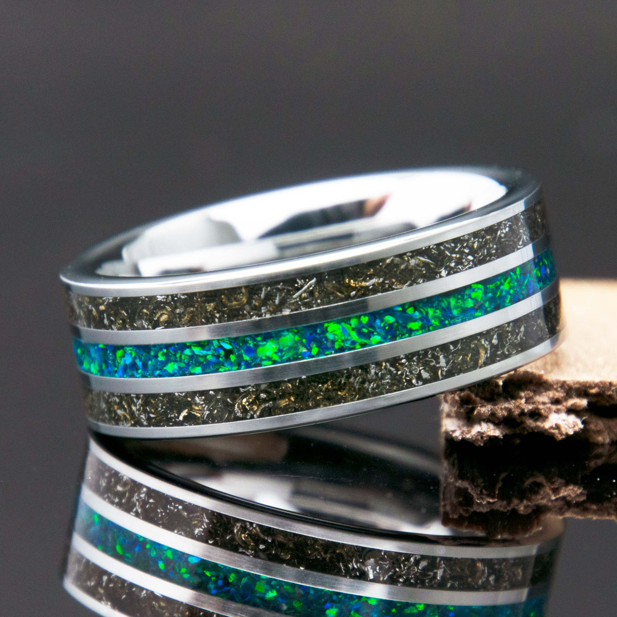Mens Meteorite And Opal Tungsten Three Channel Ring - Copperbeard Jewelry Main image