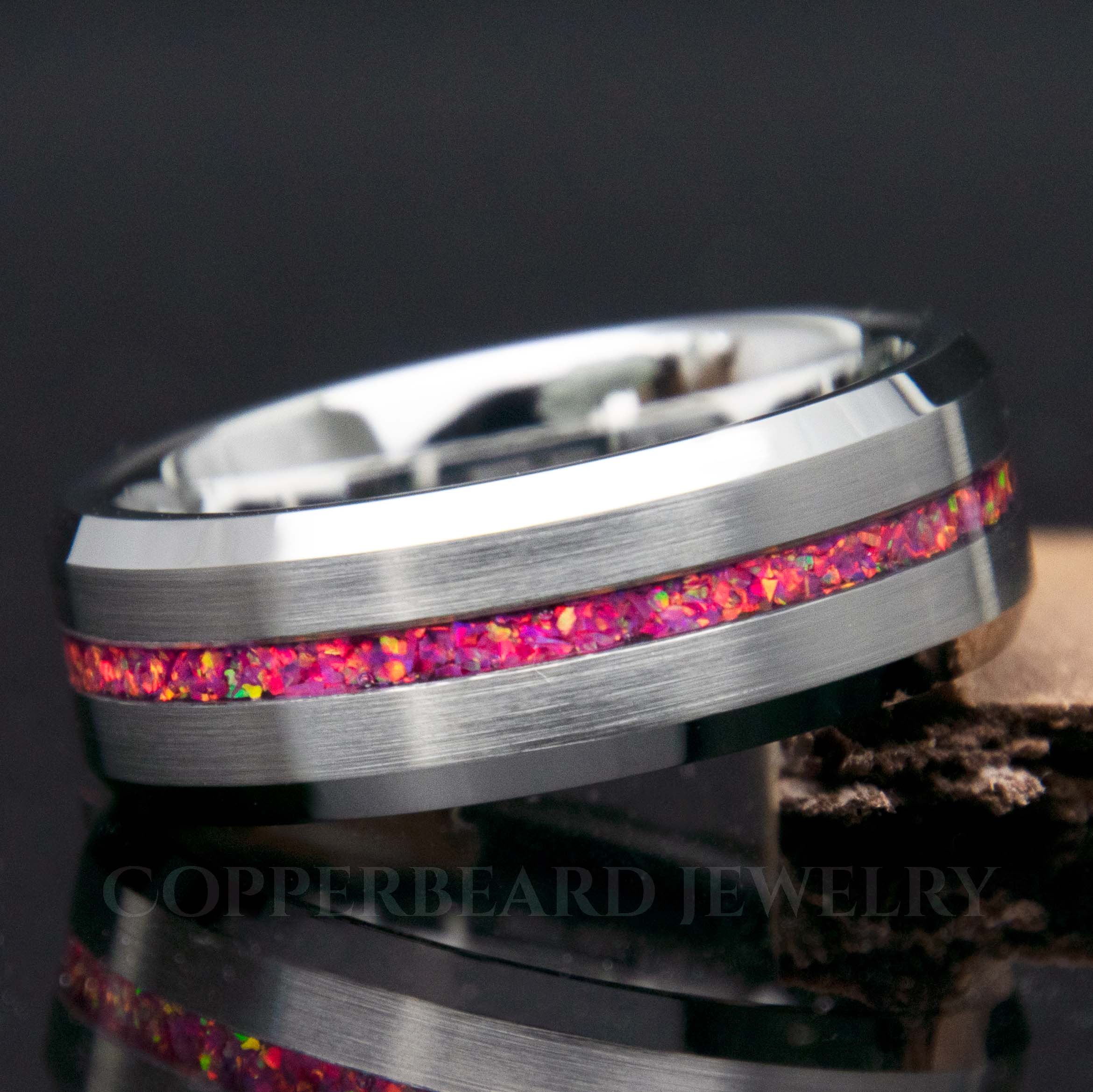 Pink And Fuchsia Opal Ring With Tungsten Thin Line Band Copperbeard Jewelry