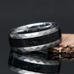 8mm Specularite Hematite Faceted Tungsten Ring - Men's Hammered Wedding Band - Copperbeard Jewelry