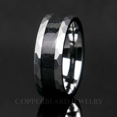 8mm Specularite Hematite Faceted Tungsten Ring - Men's Hammered Wedding Band - Copperbeard Jewelry