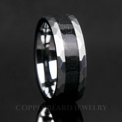 8mm Specularite Hematite Faceted Tungsten Ring - Men's Hammered Wedding Band - Copperbeard Jewelry