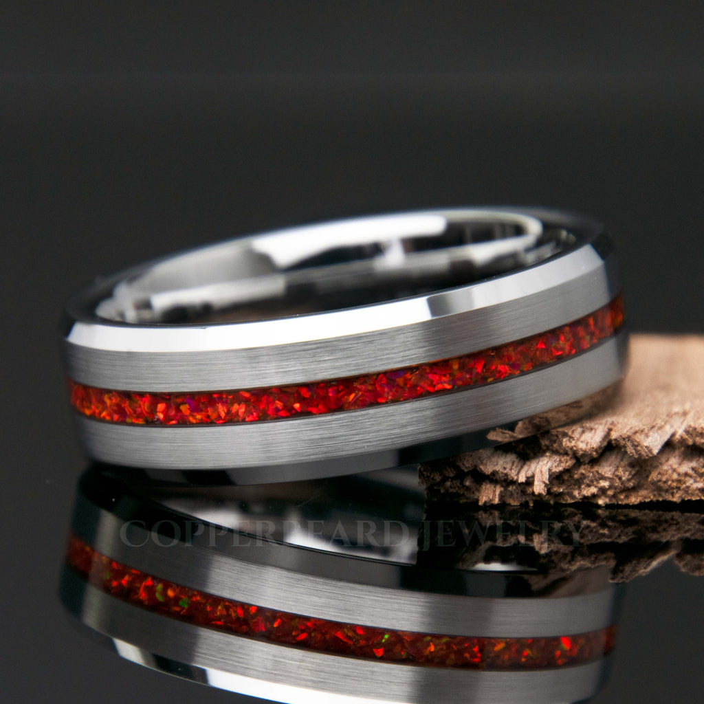 Ruby Red Opal Ring With Tungsten Thin Line Band - Men's Wedding Band - Copperbeard Jewelry