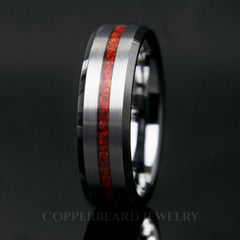 Ruby Red Opal Ring With Tungsten Thin Line Band - Men's Wedding Band - Copperbeard Jewelry