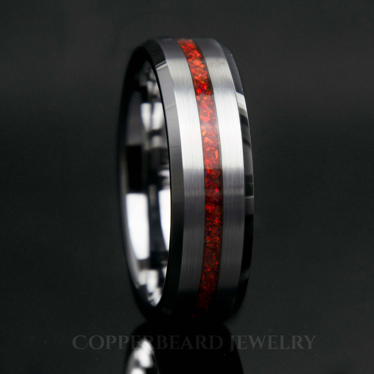 Ruby Red Opal Ring With Tungsten Thin Line Band - Men's Wedding Band - Copperbeard Jewelry