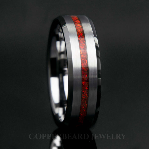 Ruby Red Opal Ring With Tungsten Thin Line Band - Men's Wedding Band - Copperbeard Jewelry