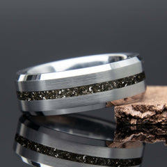 Muonionalusta Meteorite Ring With Tungsten Thin Line Band Copperbeard Jewelry