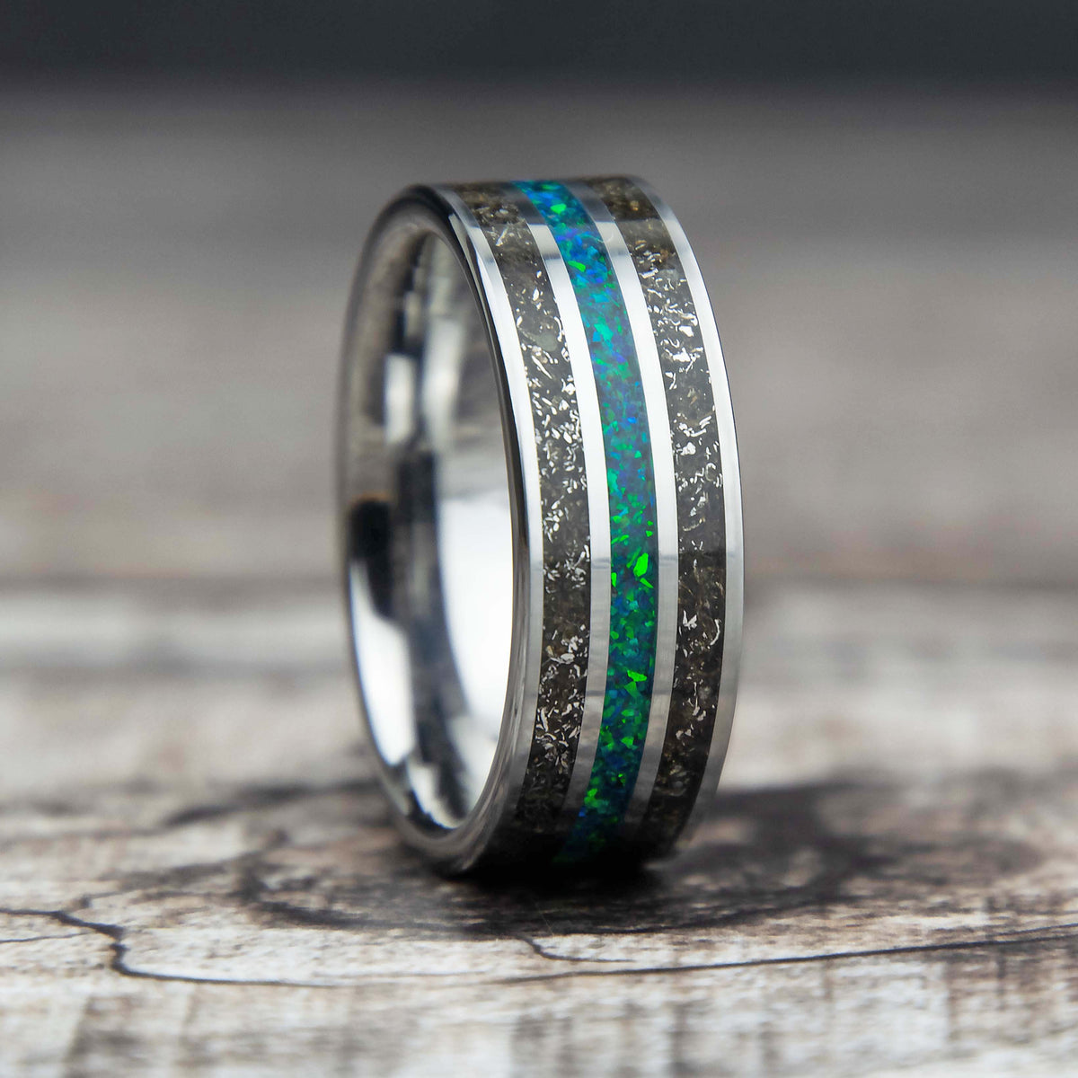 Mens Meteorite And Opal Tungsten Three Channel Ring - Copperbeard Jewelry
