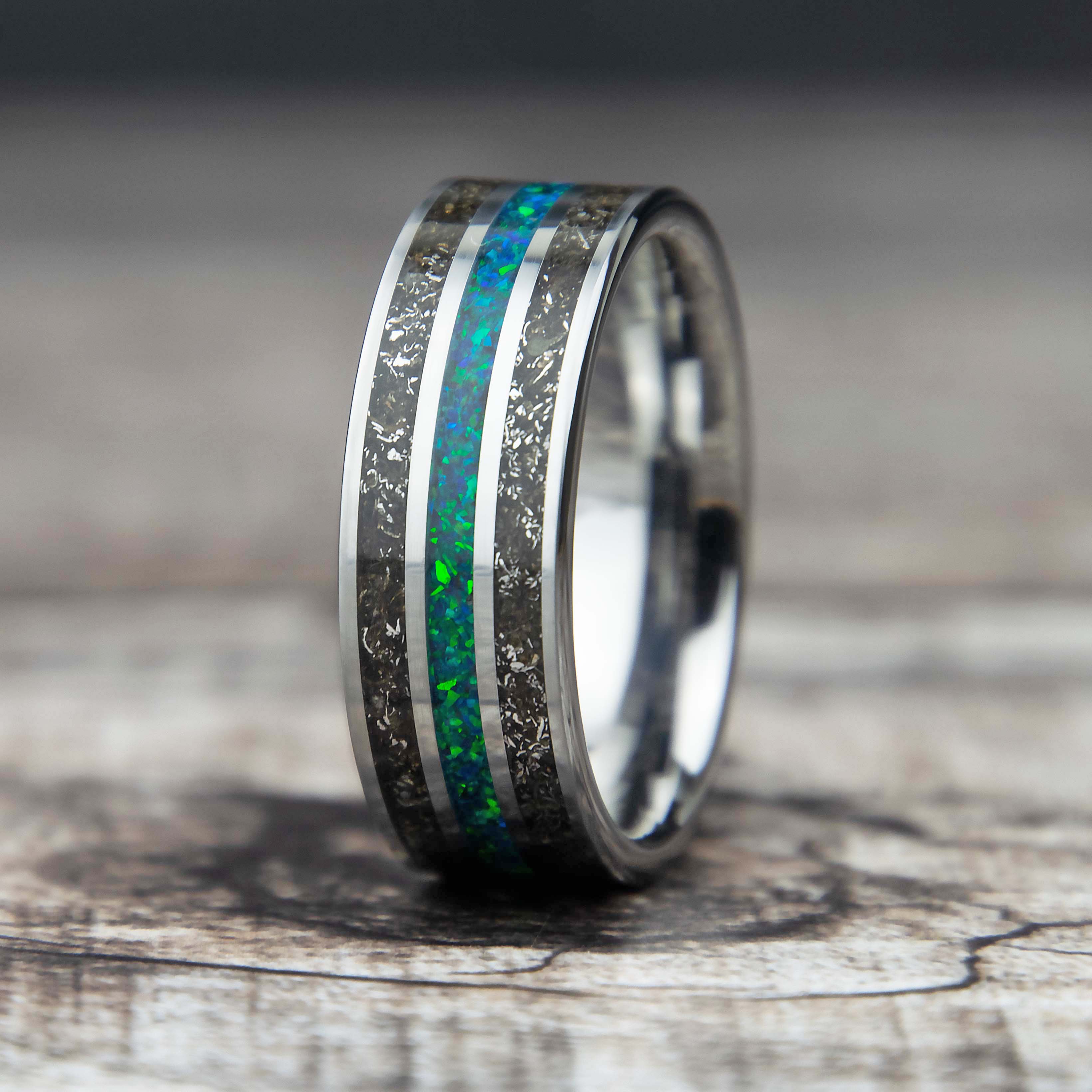 Meteorite And Opal Tungsten Three Channel Ring Secondary image