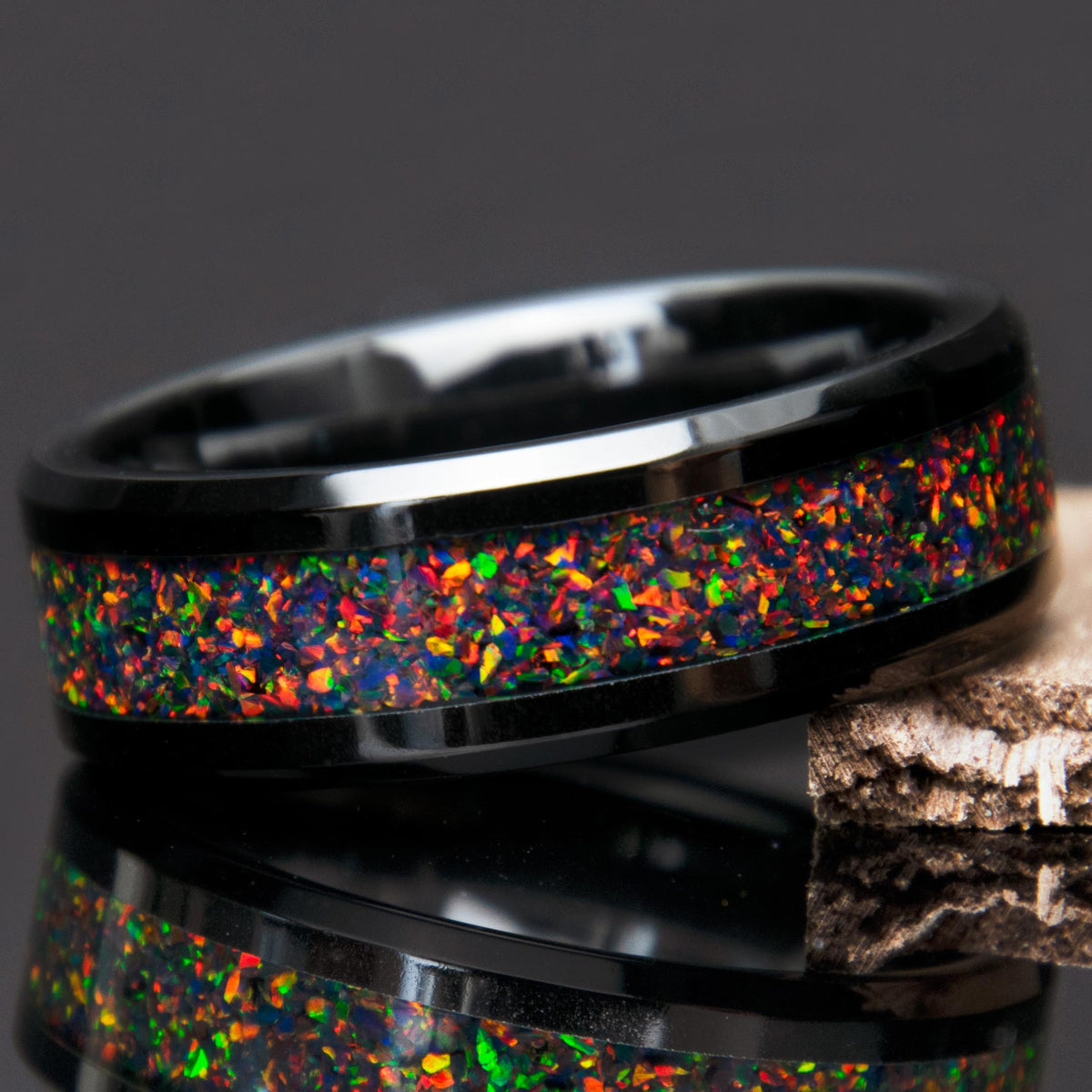 Black Fire Opal Ring With Black Ceramic Band - Men's Engagement Ring - Copperbeard Jewelry Main image