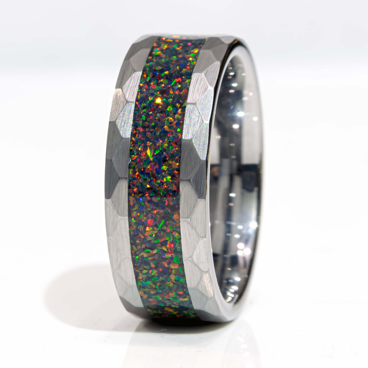 Clearance Black Fire Opal Tungsten Faceted Sides Size 9 - 8mm Width Copperbeard Jewelry Main image