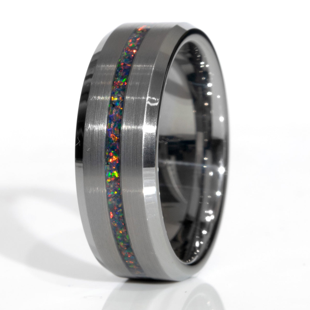 Clearance Black Fire Opal Tungsten Thin Line Ring Size 11 - 8mm Width Copperbeard Jewelry Main image