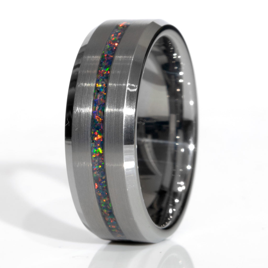 Clearance Black Fire Opal Tungsten Thin Line Ring Size 11 - 8mm Width Copperbeard Jewelry