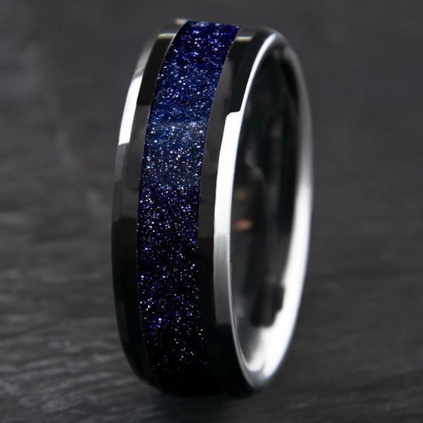 Blue Goldstone Starry Night Ring With Black Ceramic Band Copperbeard Jewelry