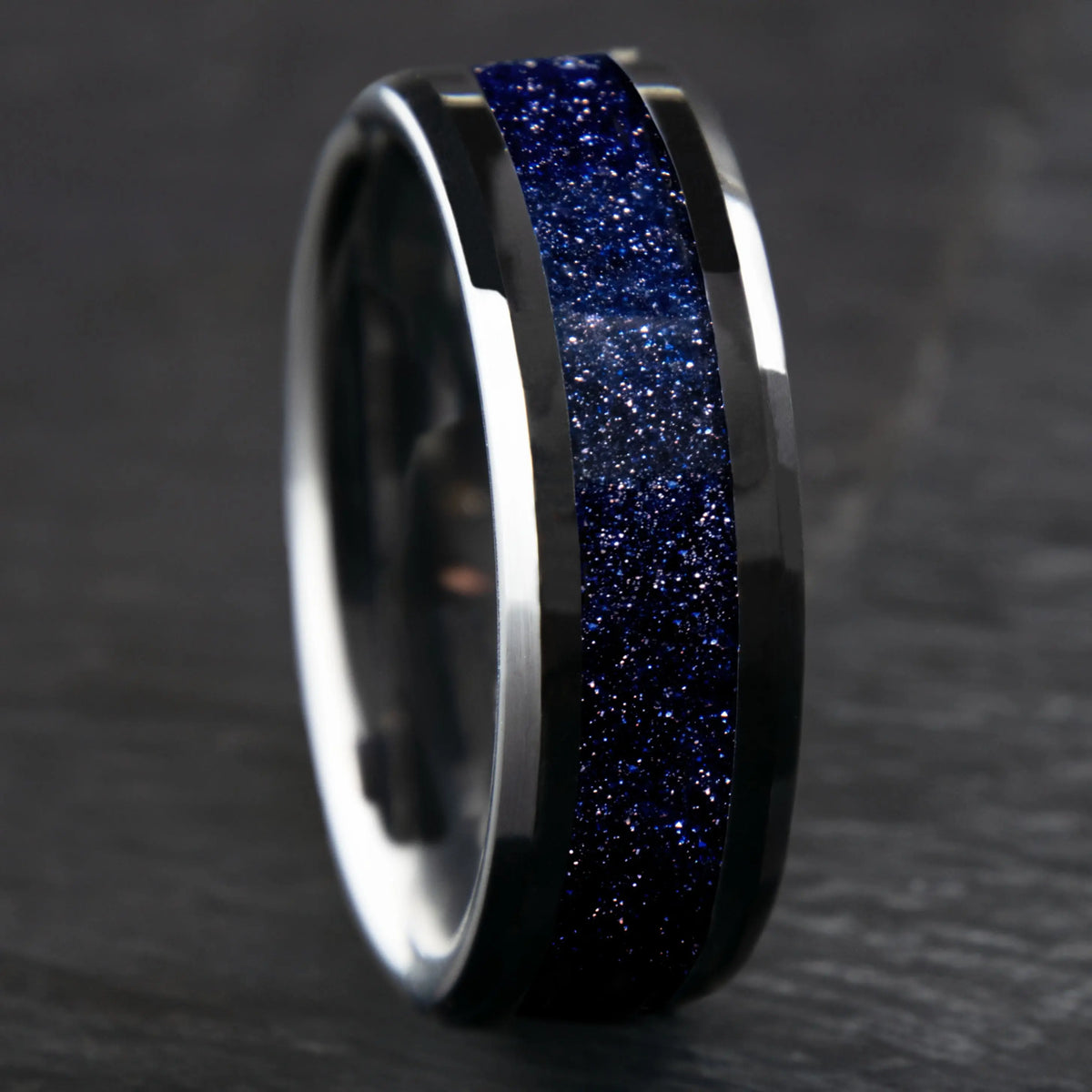 Blue Goldstone Starry Night Ring With Black Ceramic Band Copperbeard Jewelry