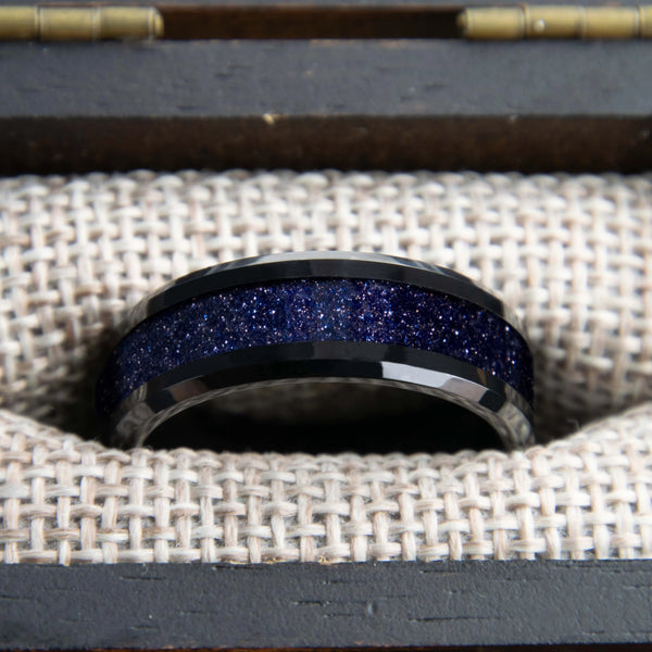 Blue Goldstone Starry Night Ring With Black Ceramic Band Copperbeard Jewelry