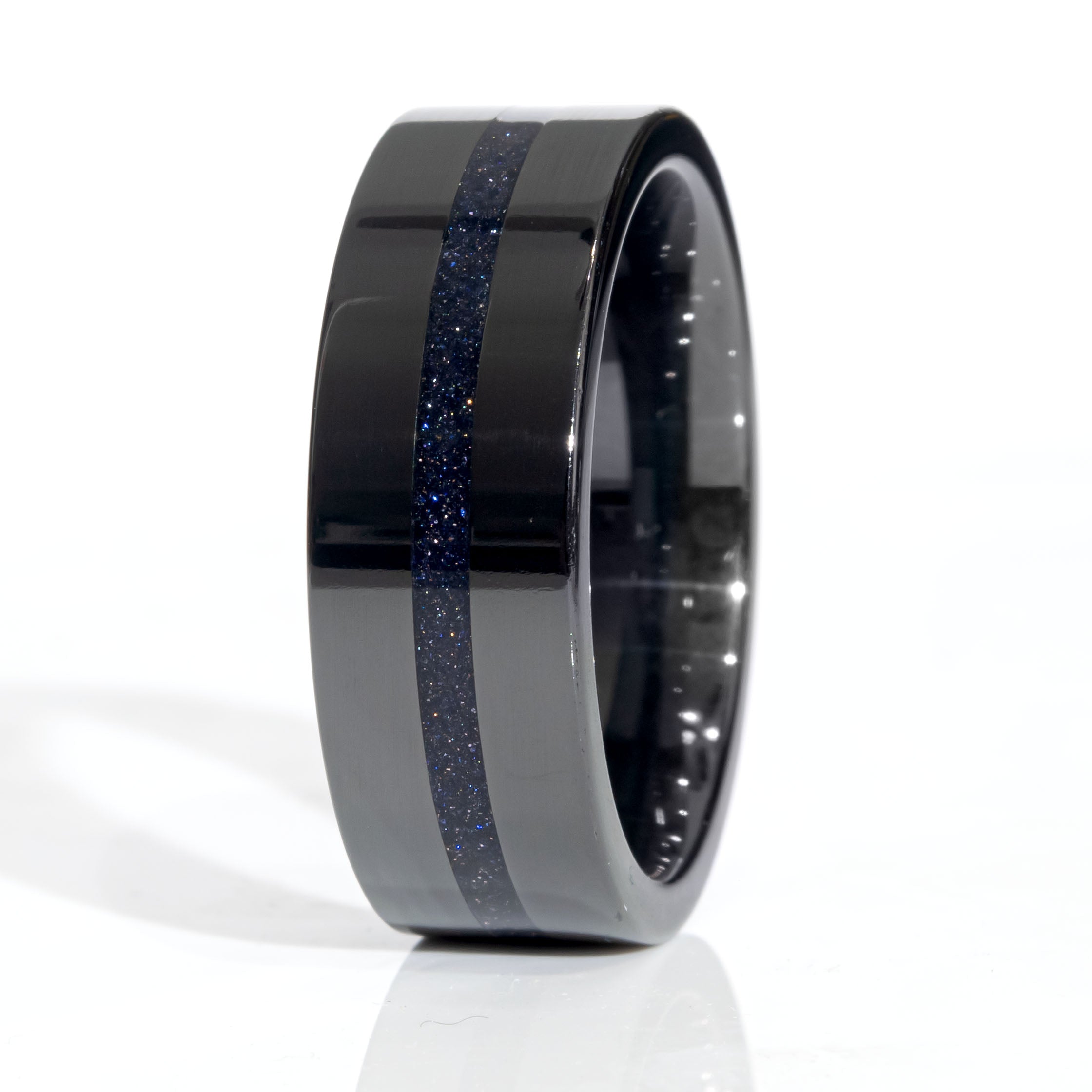 Clearance Blue Goldstone Black Ceramic Center Line Ring Size 10.5 - 8mm Width Copperbeard Jewelry