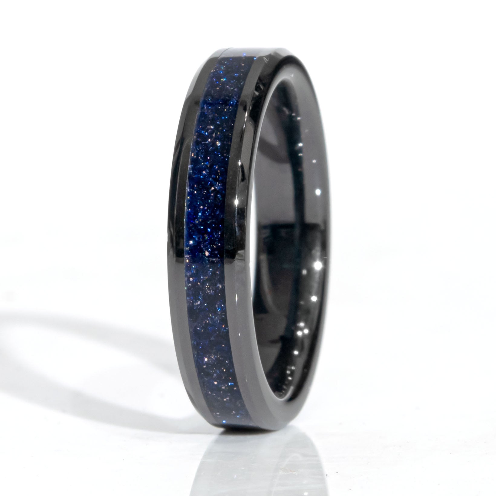 Clearance Blue Goldstone Black Ceramic Ring Size 5 - 4mm Width Copperbeard Jewelry