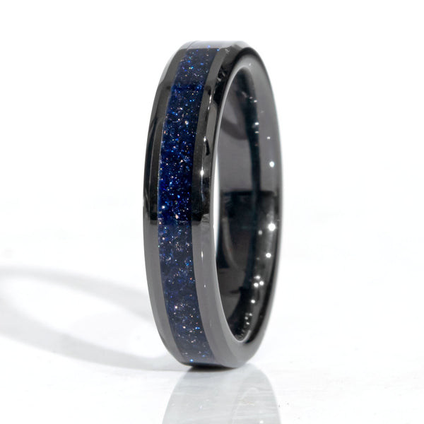 Clearance Blue Goldstone Black Ceramic Ring Size 5 - 4mm Width Copperbeard Jewelry