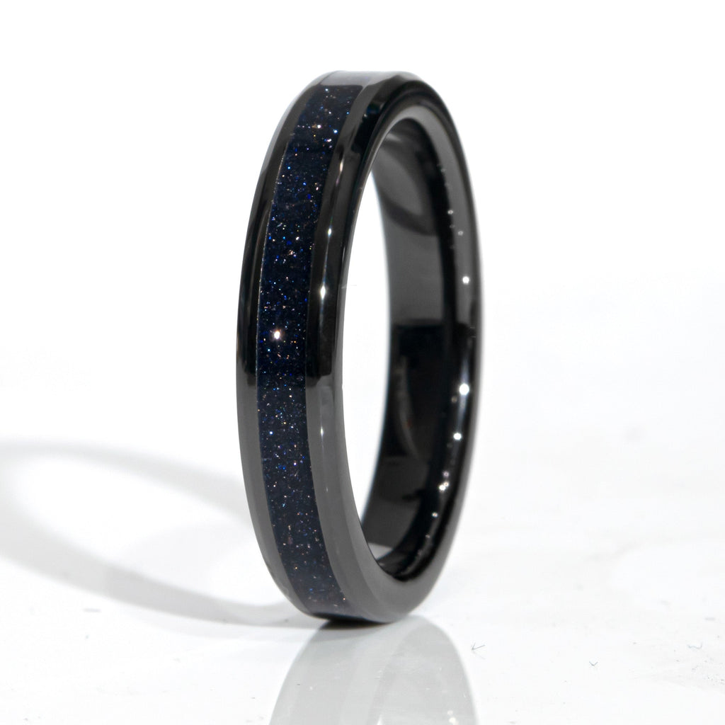 Clearance Blue Goldstone Black Ceramic Ring Size 8 - 4mm Width Copperbeard Jewelry