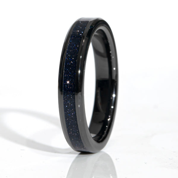 Clearance Blue Goldstone Black Ceramic Ring Size 8 - 4mm Width Copperbeard Jewelry