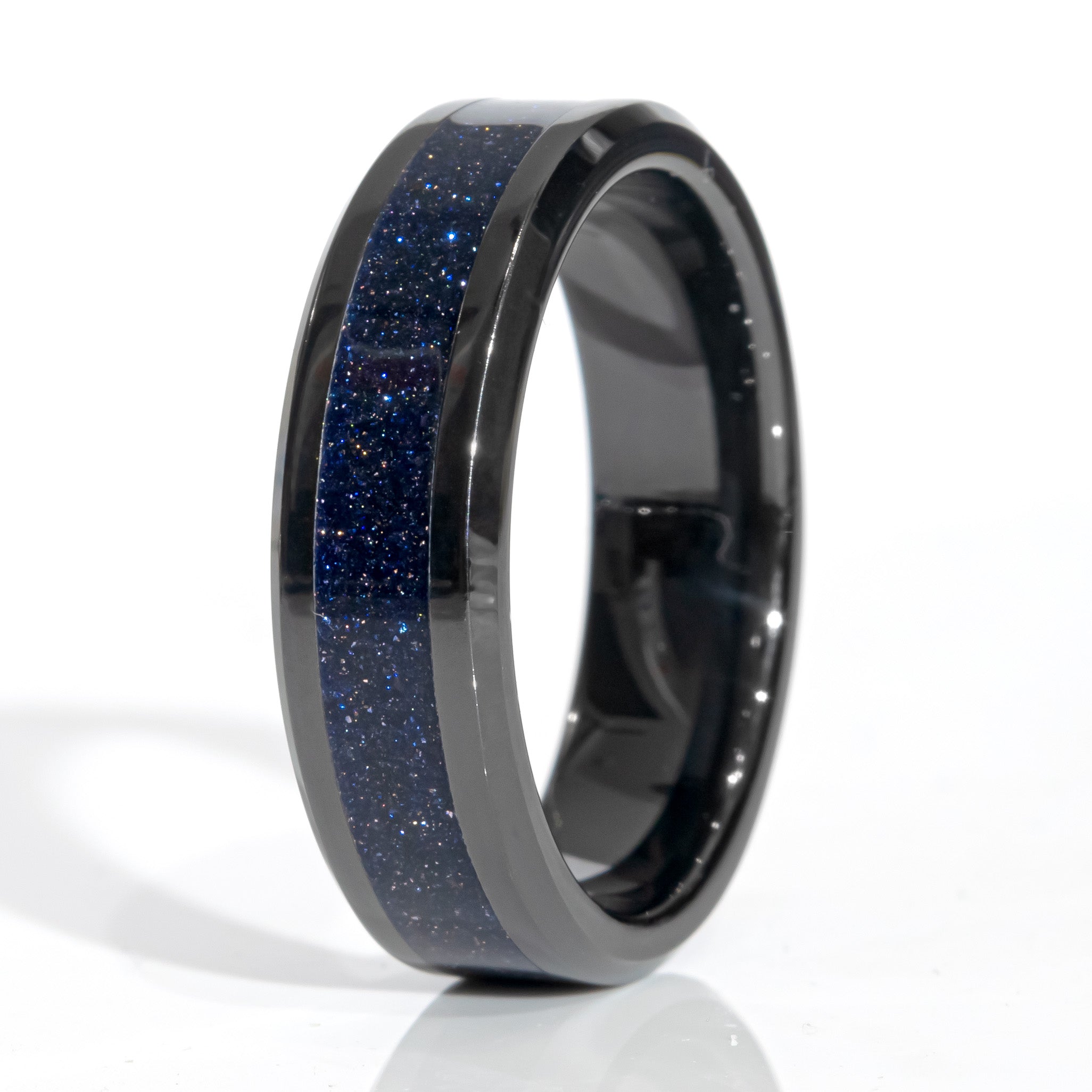 Clearance Blue Goldstone Black Ceramic Ring Size 9 - 6mm Width Copperbeard Jewelry
