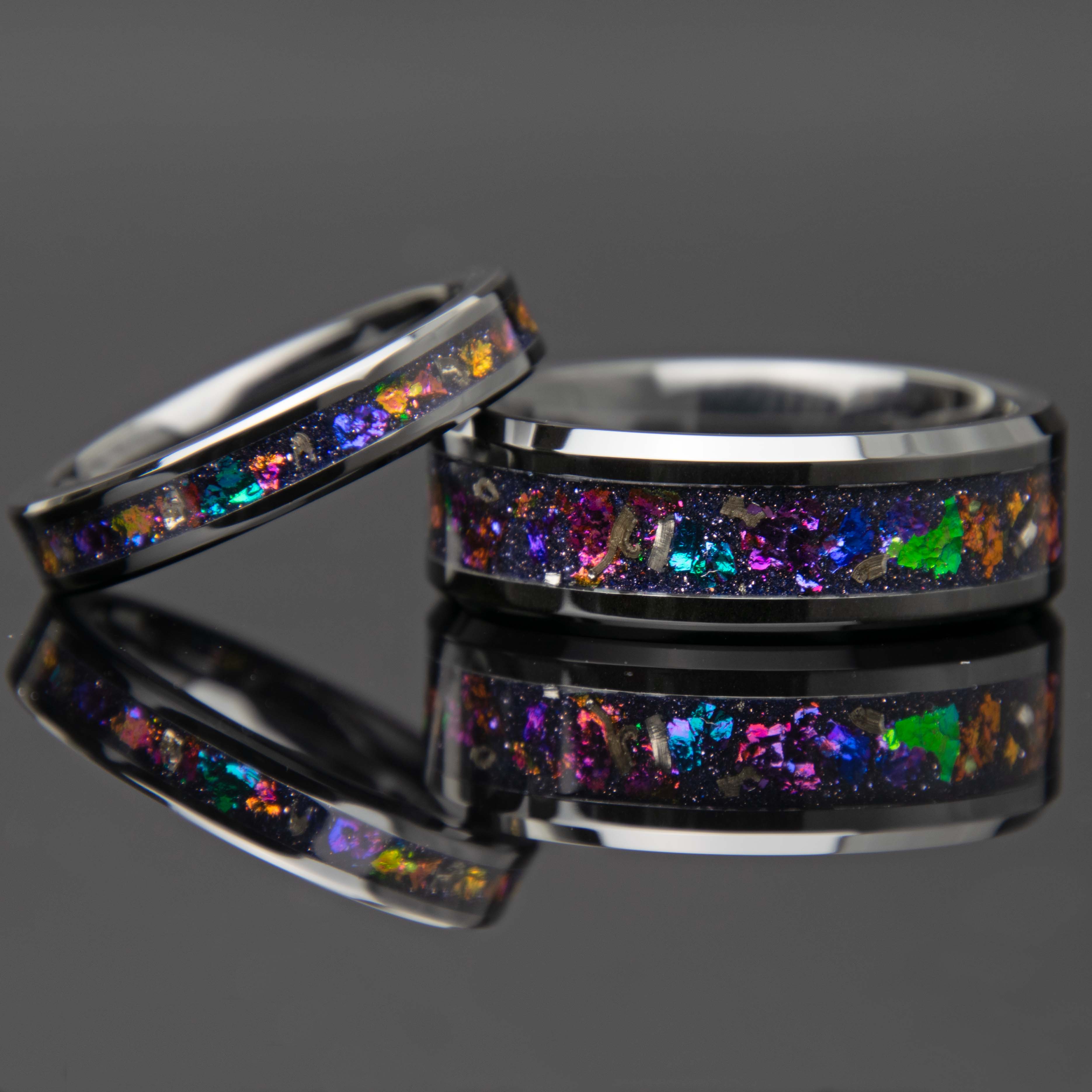 His and Hers Black Galaxy Wedding Ring Set Cosmic Flare Copperbeard Jewelry