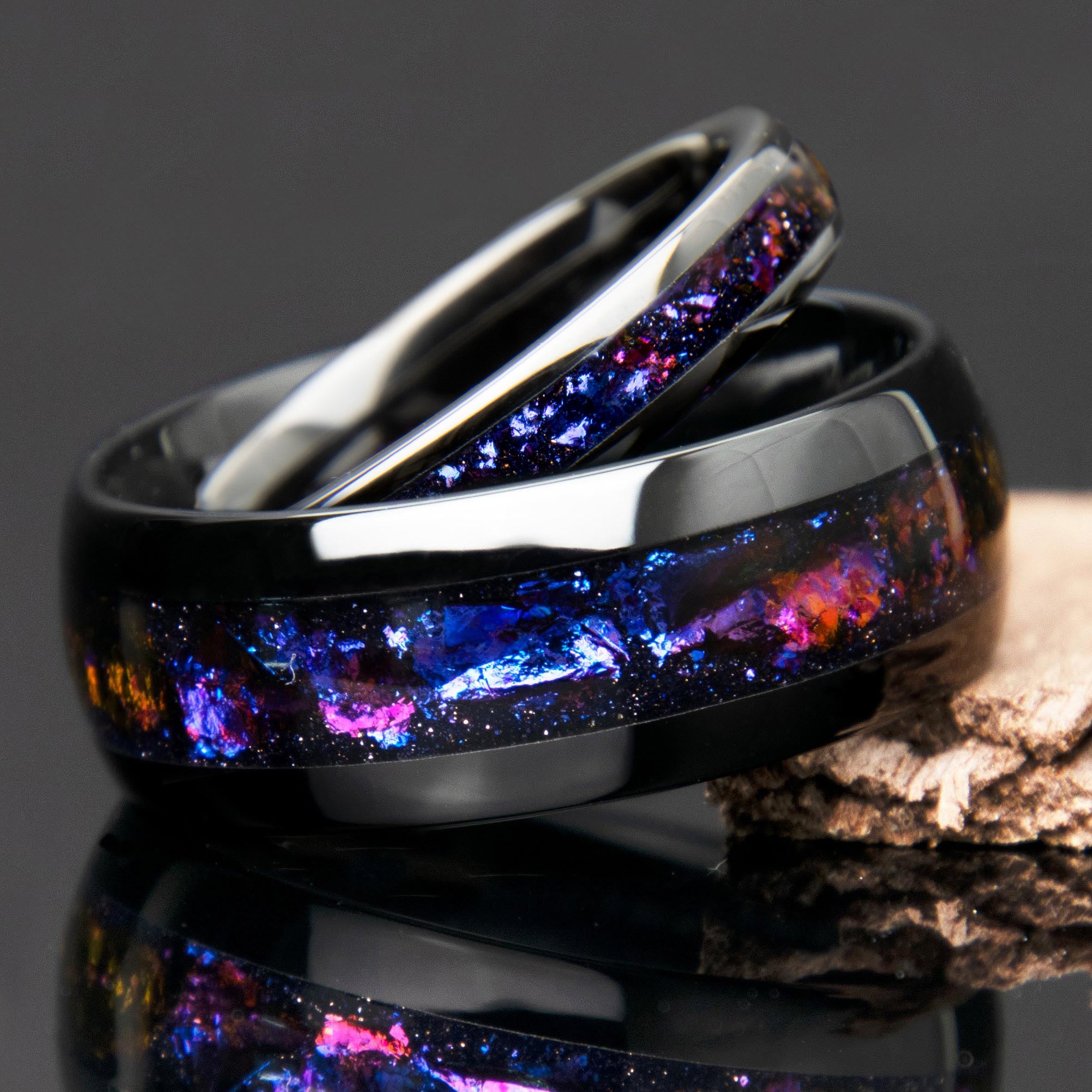 His and Hers Black Ceramic Galaxy Wedding Ring Set - Copperbeard Jewelry His and Hers Black Ceramic Galaxy Wedding Ring Set - Copperbeard Jewelry