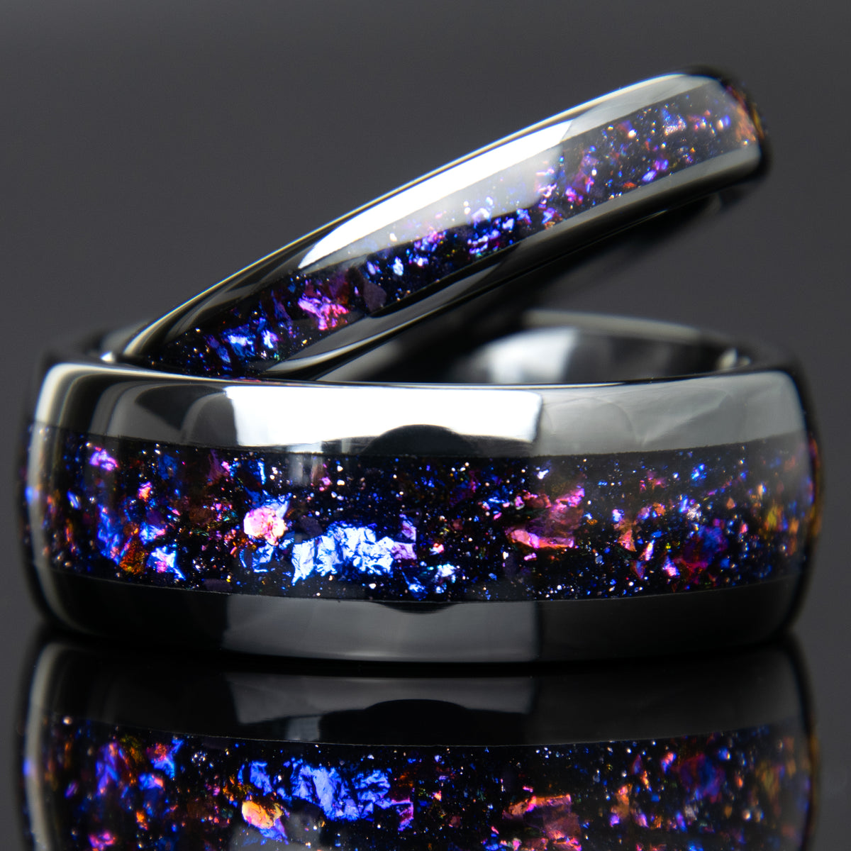 His and Hers Black Ceramic Galaxy Wedding Ring Set Copperbeard Jewelry Main image