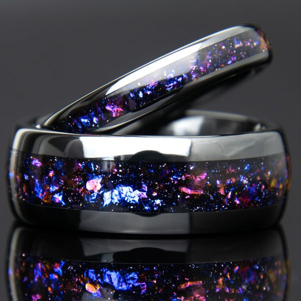 His and Hers Black Ceramic Galaxy Wedding Ring Set Copperbeard Jewelry