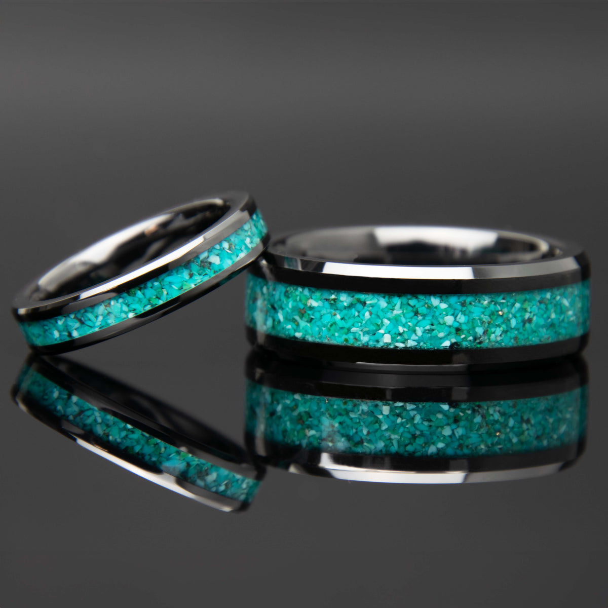 His And Hers Turquoise Wedding Band Set Black Ceramic Copperbeard Jewelry Main image