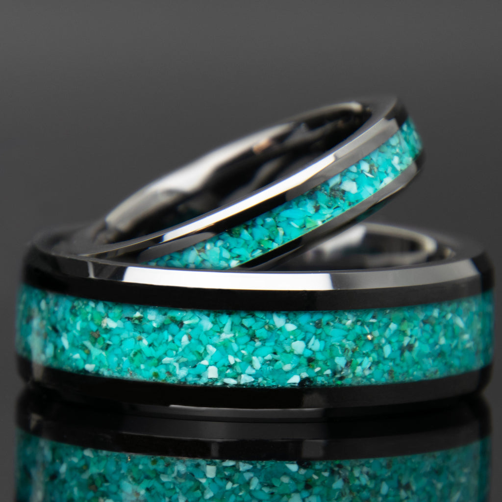 His And Hers Turquoise Wedding Band Set Black Ceramic Copperbeard Jewelry