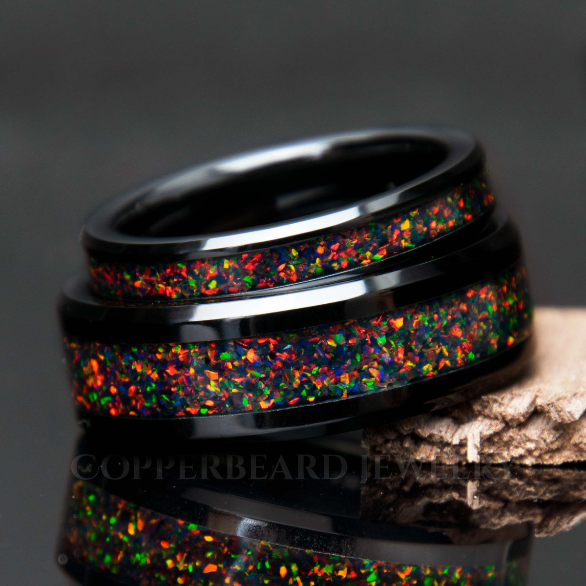 His And Hers Black Fire Opal Wedding Band Set Black Ceramic - Couples Matching Rings - Copperbeard Jewelry Main image