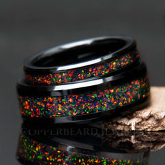 His And Hers Black Fire Opal Wedding Band Set Black Ceramic - Couples Matching Rings - Copperbeard Jewelry