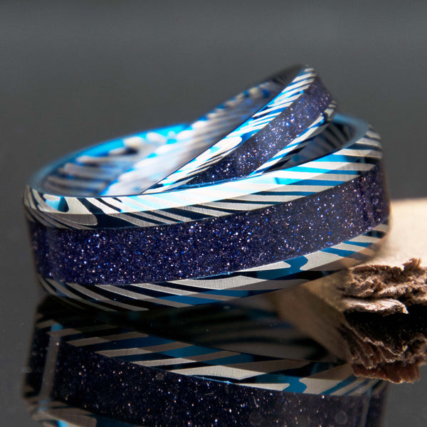 His and Hers Starry Night Tungsten Damascus and Blue Goldstone Bands - Matching Wedding Bands - Couples Rings -  Copperbeard Jewelry