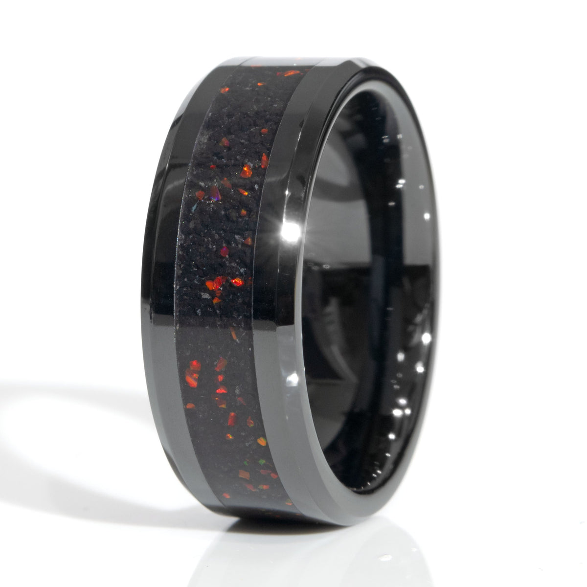 Clearance Lava Rock With Red Opal Black Ceramic Ring Size 9.5 - 8mm Width Copperbeard Jewelry Main image