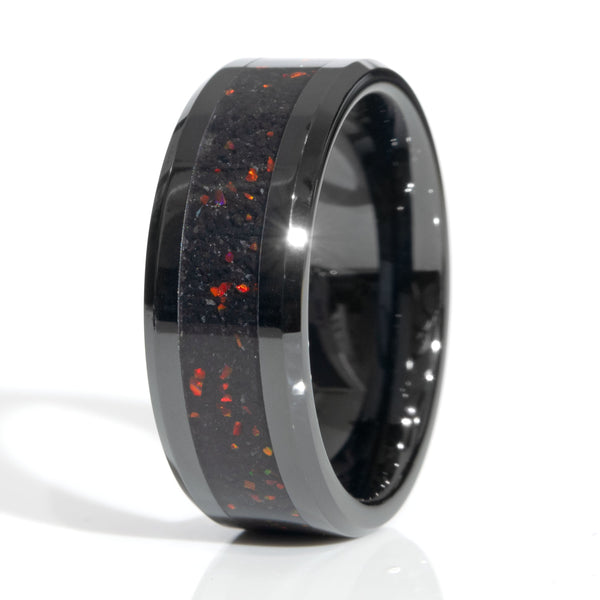 Clearance Lava Rock With Red Opal Black Ceramic Ring Size 9.5 - 8mm Width Copperbeard Jewelry