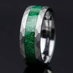 Malachite Men's Hammered Faceted Tungsten Ring - Men's Wedding Band - Copperbeard Jewelry