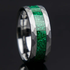 Malachite Men's Hammered Faceted Tungsten Ring - Men's Wedding Band - Copperbeard Jewelry