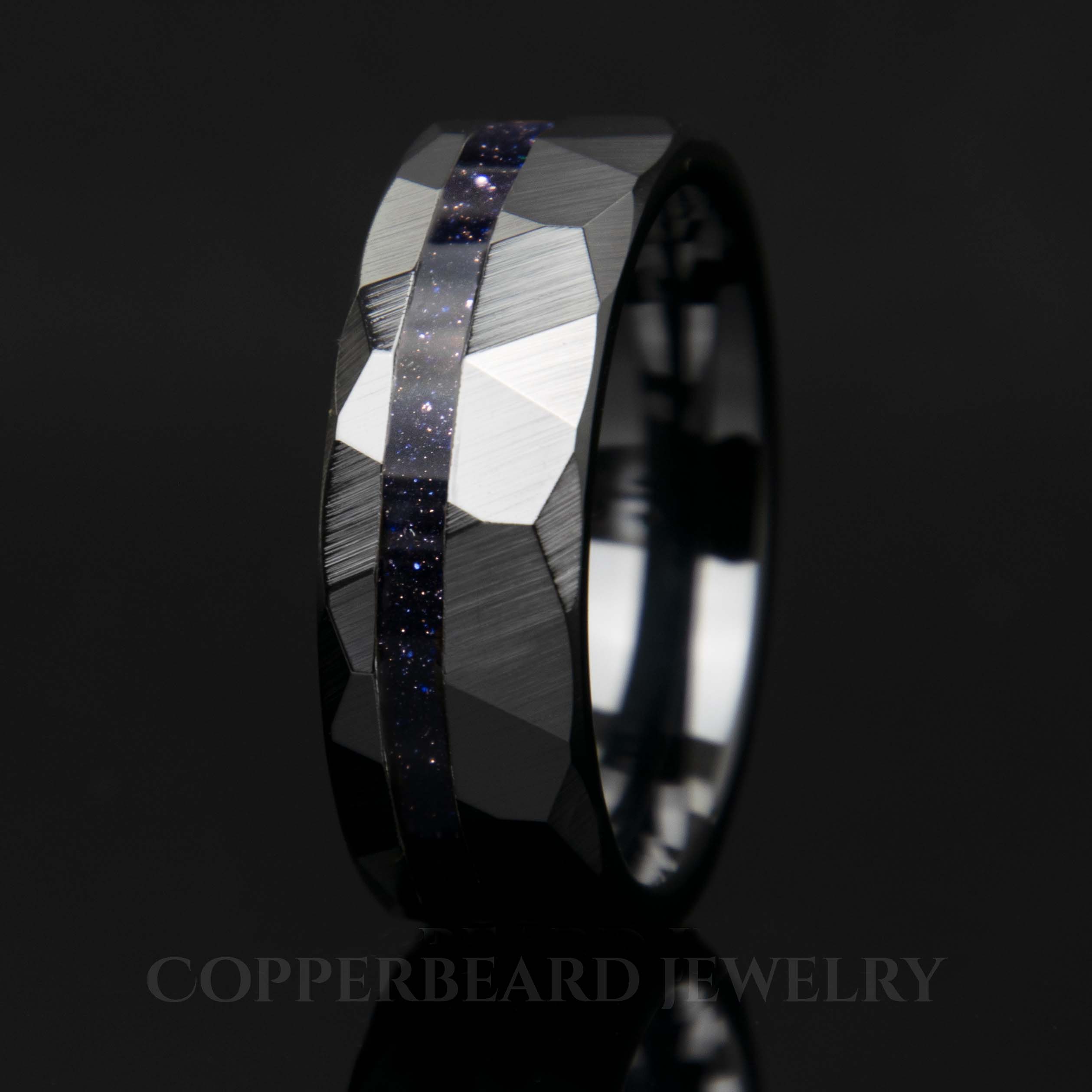 Blue Goldstone Men's Wedding Band Faceted Black Ceramic Secondary image
