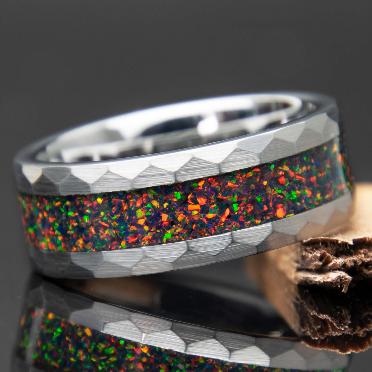 Black Fire Opal Mens Hammered Tungsten Ring - Copperbeard Jewelry Main image